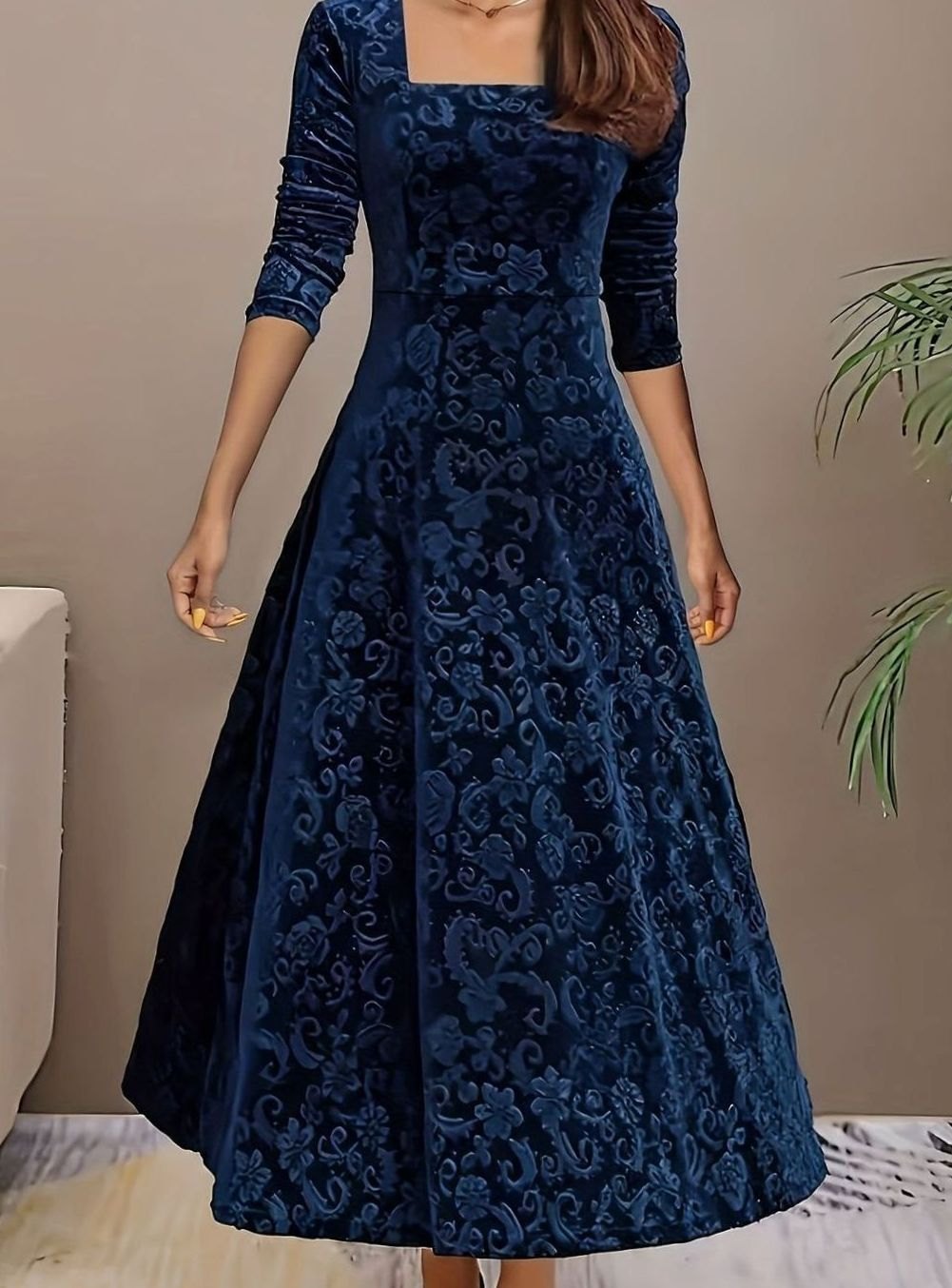 Women's Square Neck Velvet Floral Embossed Party Dress - Blue
