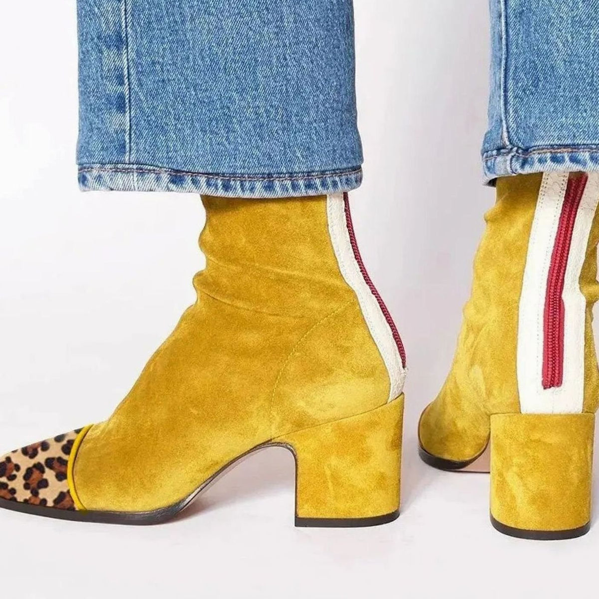 Women's Square-Toe Block-Heel Animal-Print Suede Ankle Boots - Yellow