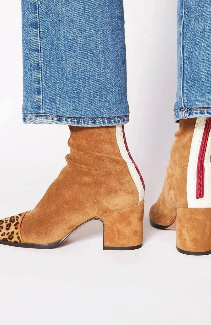 Women's Square-Toe Block-Heel Animal-Print Suede Ankle Boots