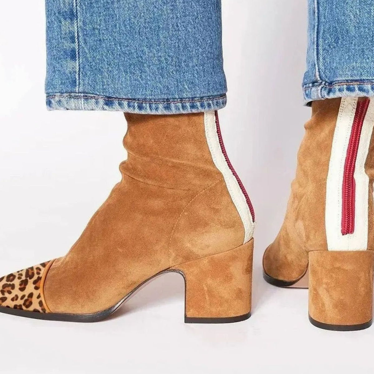 Women's Square-Toe Block-Heel Animal-Print Suede Ankle Boots - Camel