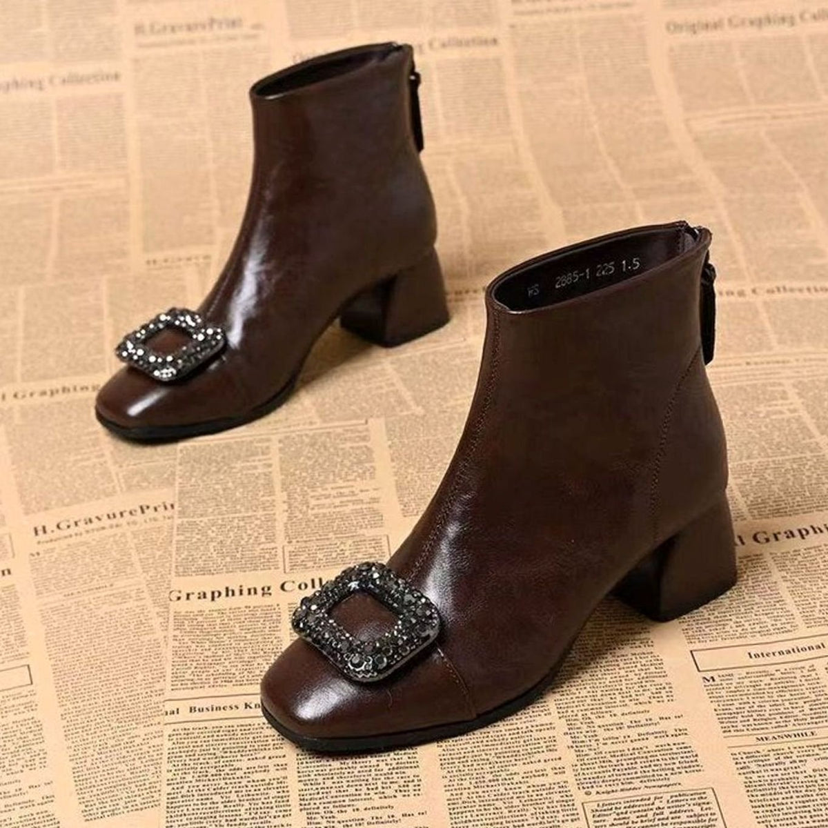 Women's Square-Toe Block-Heel Ankle Boots Embellished Buckle - Brown