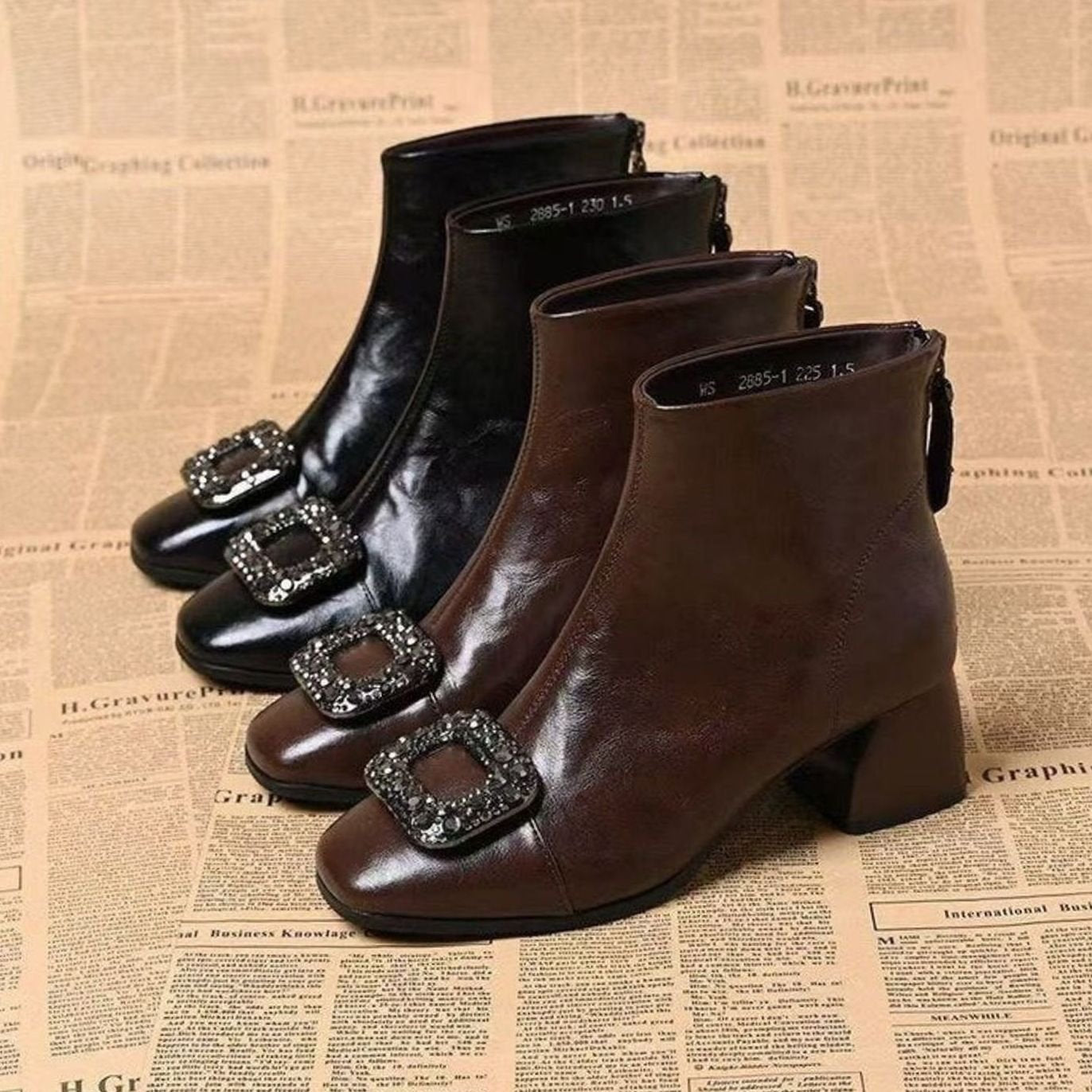 Women's Square-Toe Block-Heel Ankle Boots Embellished Buckle