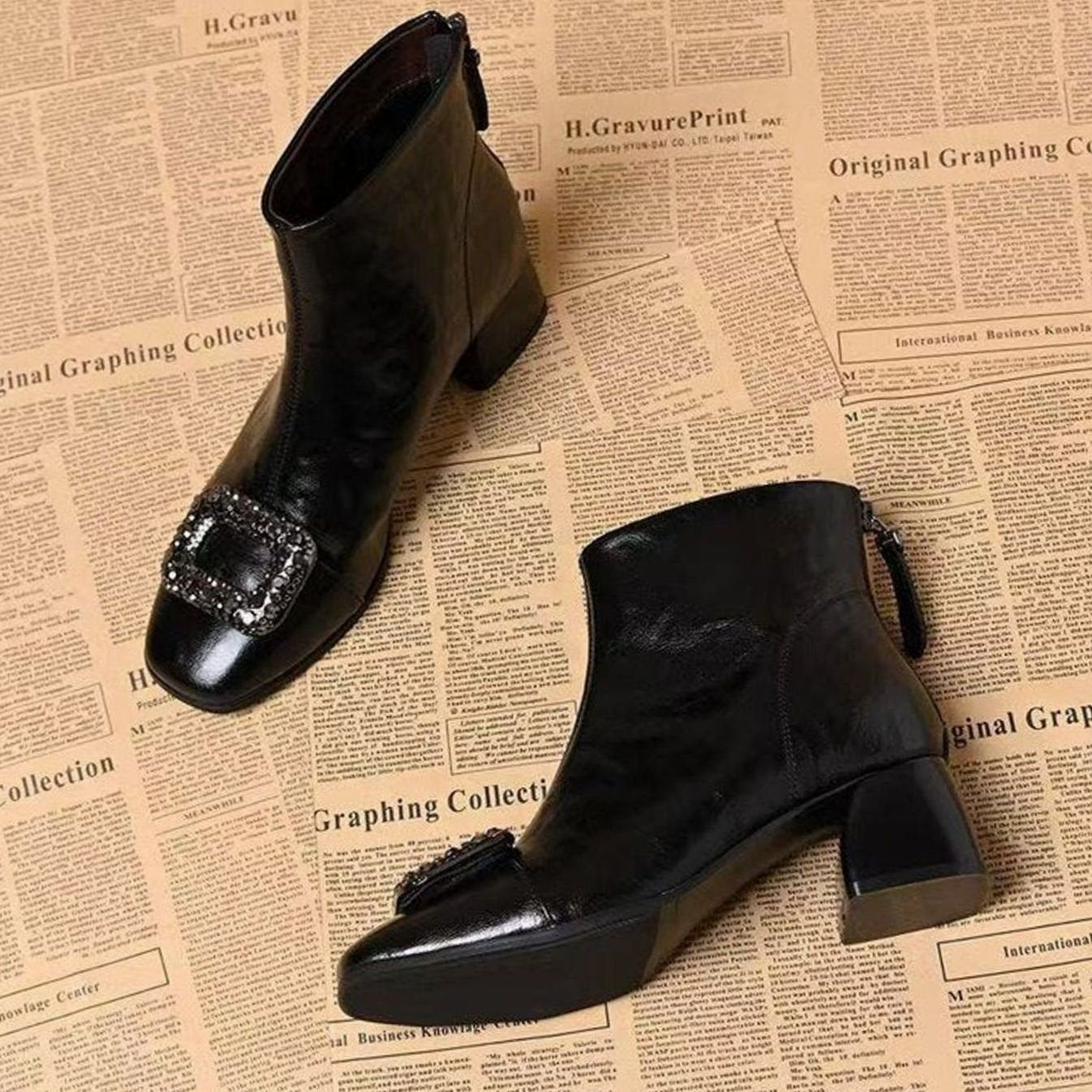 Women's Square-Toe Block-Heel Ankle Boots Embellished Buckle