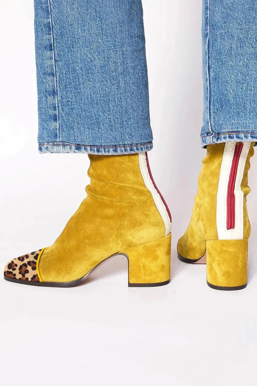Women's Square-Toe Block-Heel Suede Knee-High Boots - Yellow