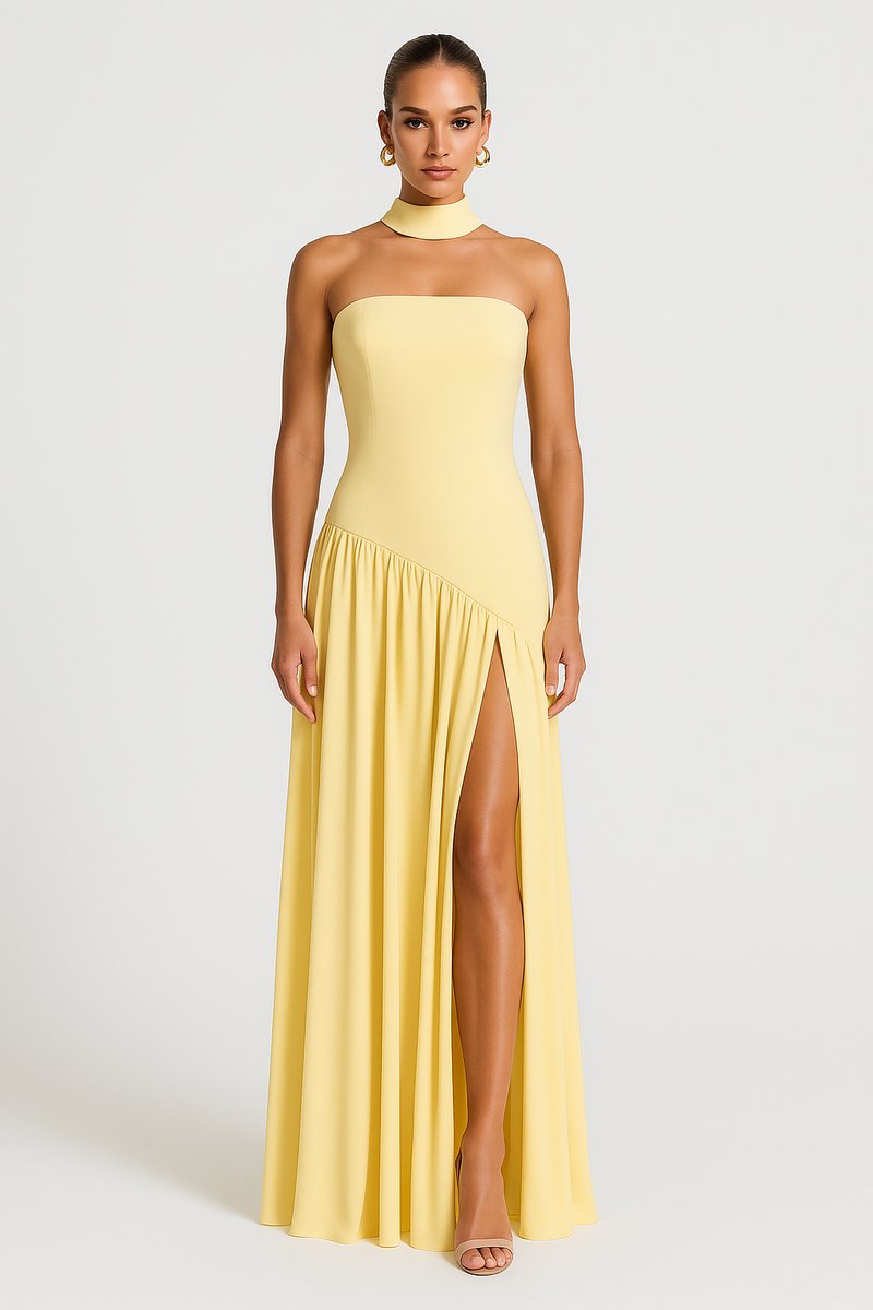 Women's Strapless Asymmetric High-Slit Womens Maxi Dress - Yellow