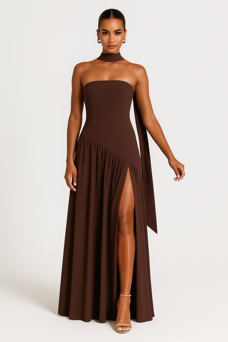 Women's Strapless Asymmetric High-Slit Womens Maxi Dress - Brown