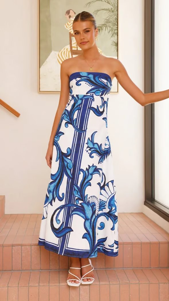 Women's Strapless Baroque Print Flared Maxi Dress - Blue