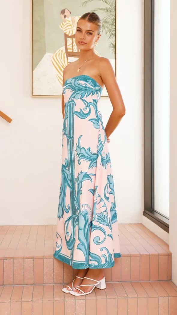 Women's Strapless Baroque Print Flared Maxi Dress