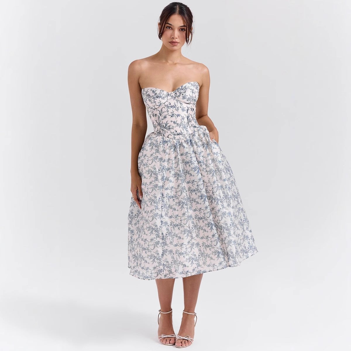 Women's Strapless Corset Cocktail Dress Pleated Full Skirt - Rose