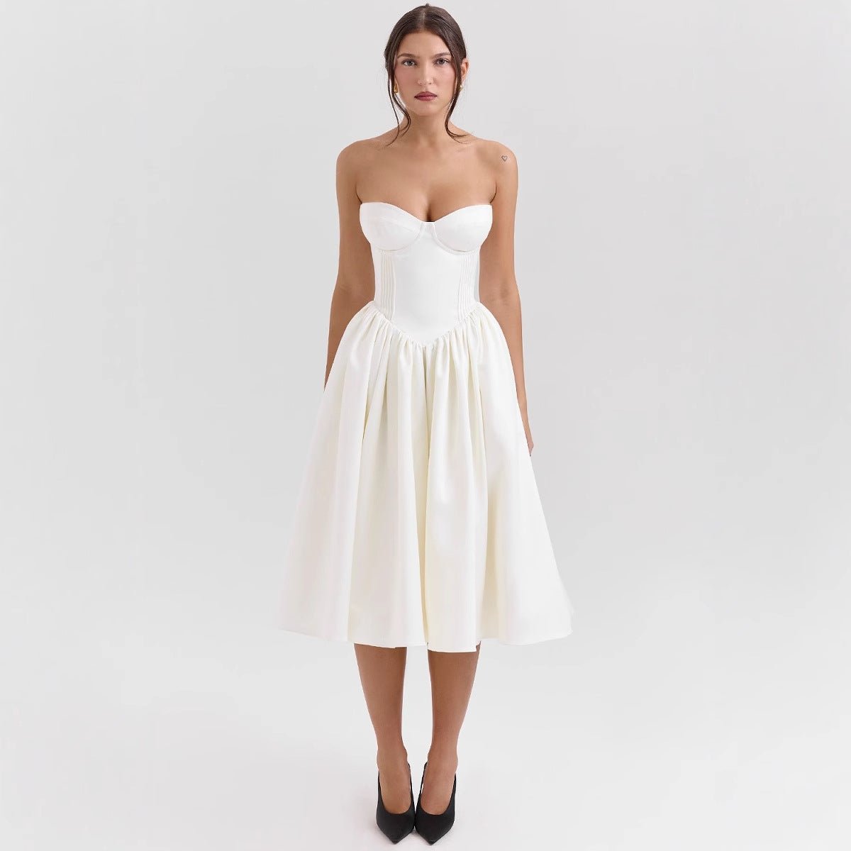 Women's Strapless Corset Cocktail Dress Pleated Full Skirt - White