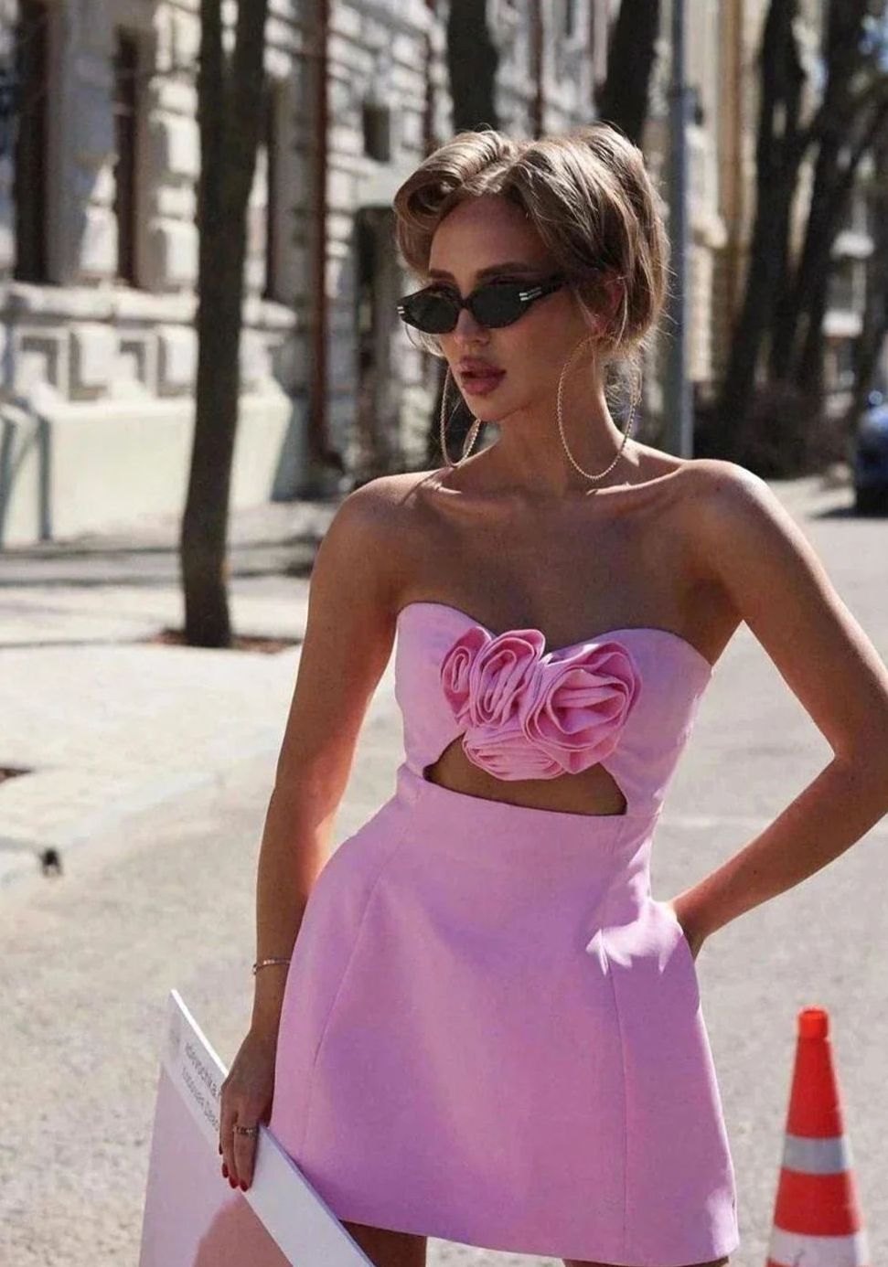 Women's Strapless Floral Appliqué Mini Party Dress - Pink
