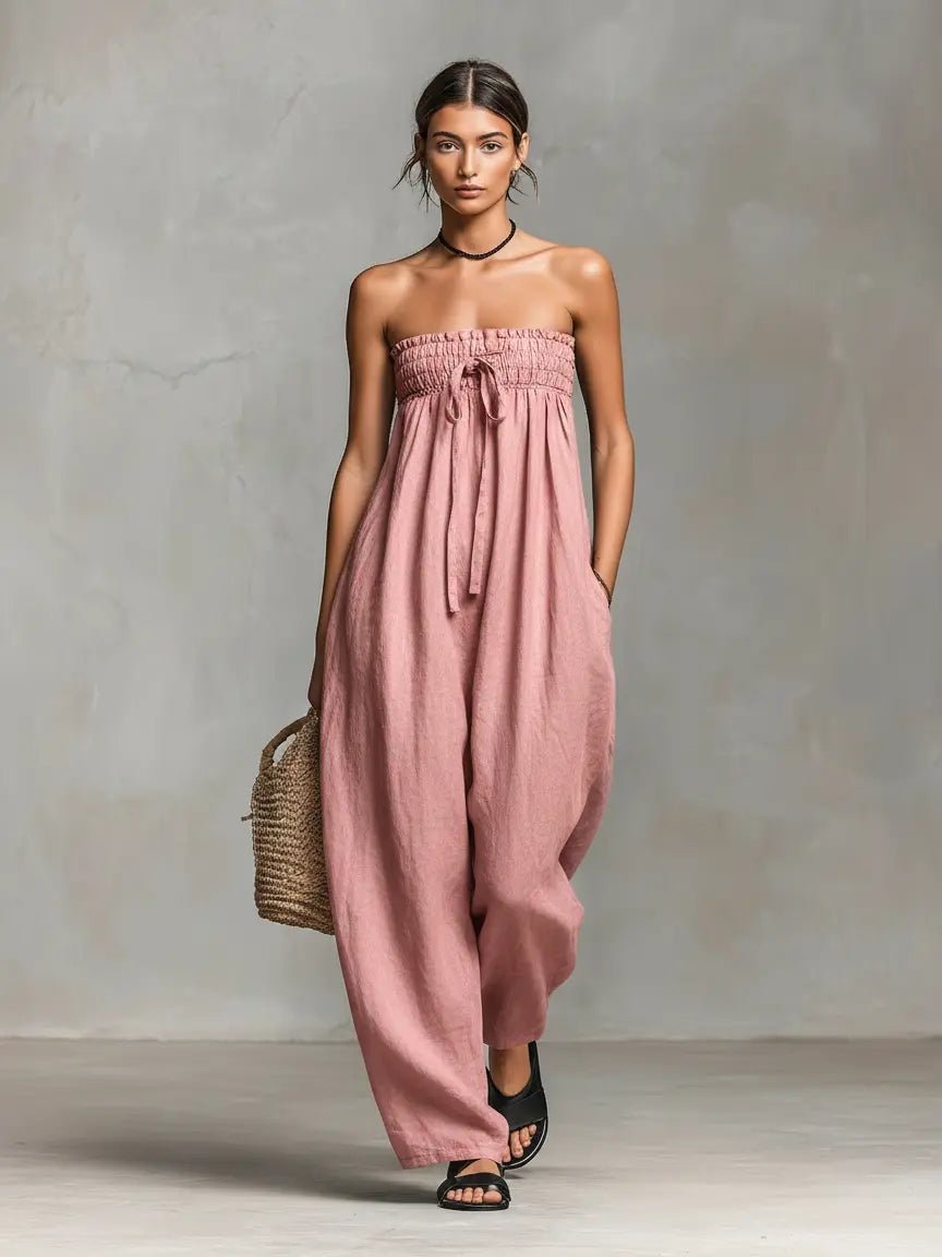 Women's Strapless Linen-Blend Wide-Leg Full-Length Jumpsuit - Light Pink