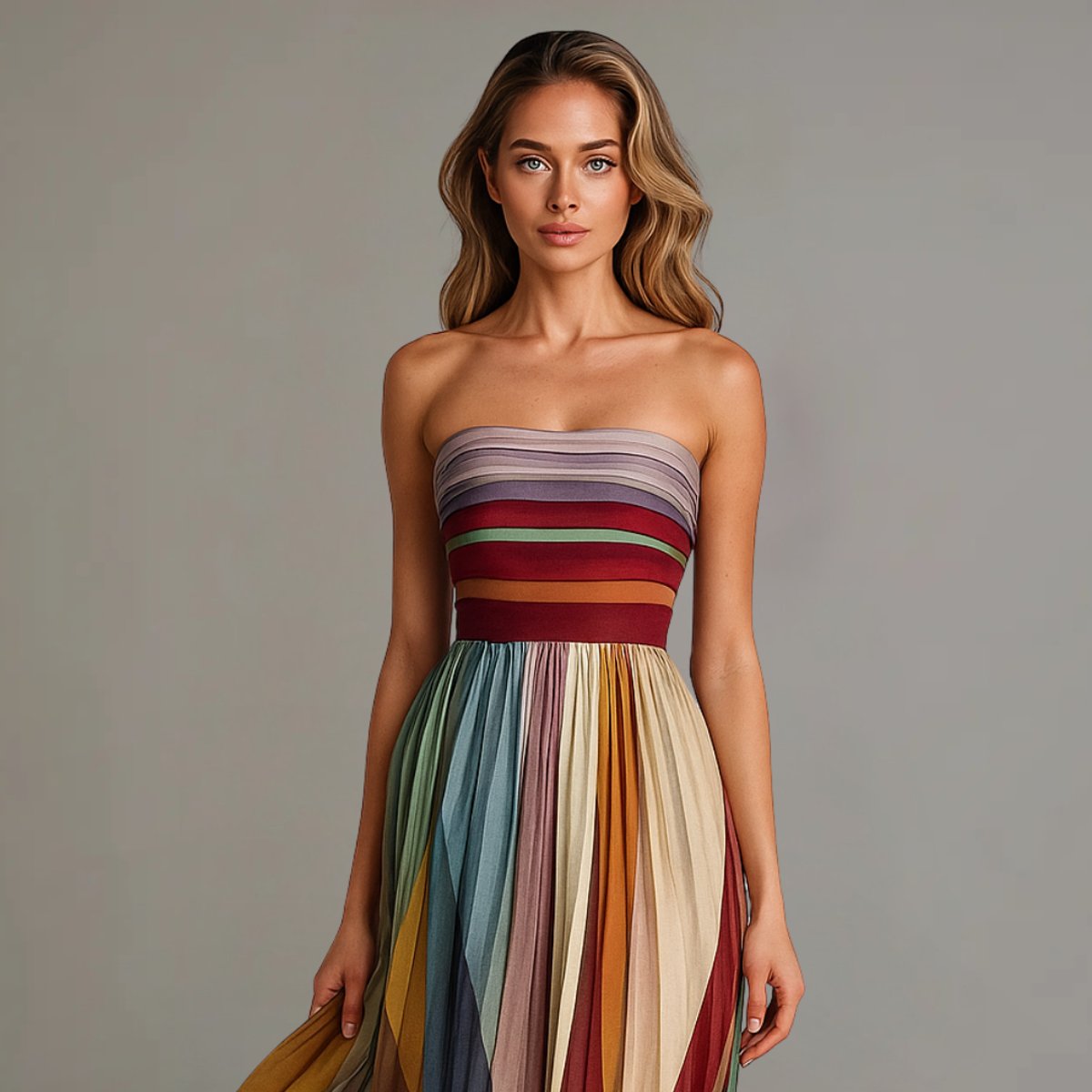 Women's Strapless Pleated Striped Maxi Long Sleeve Dress