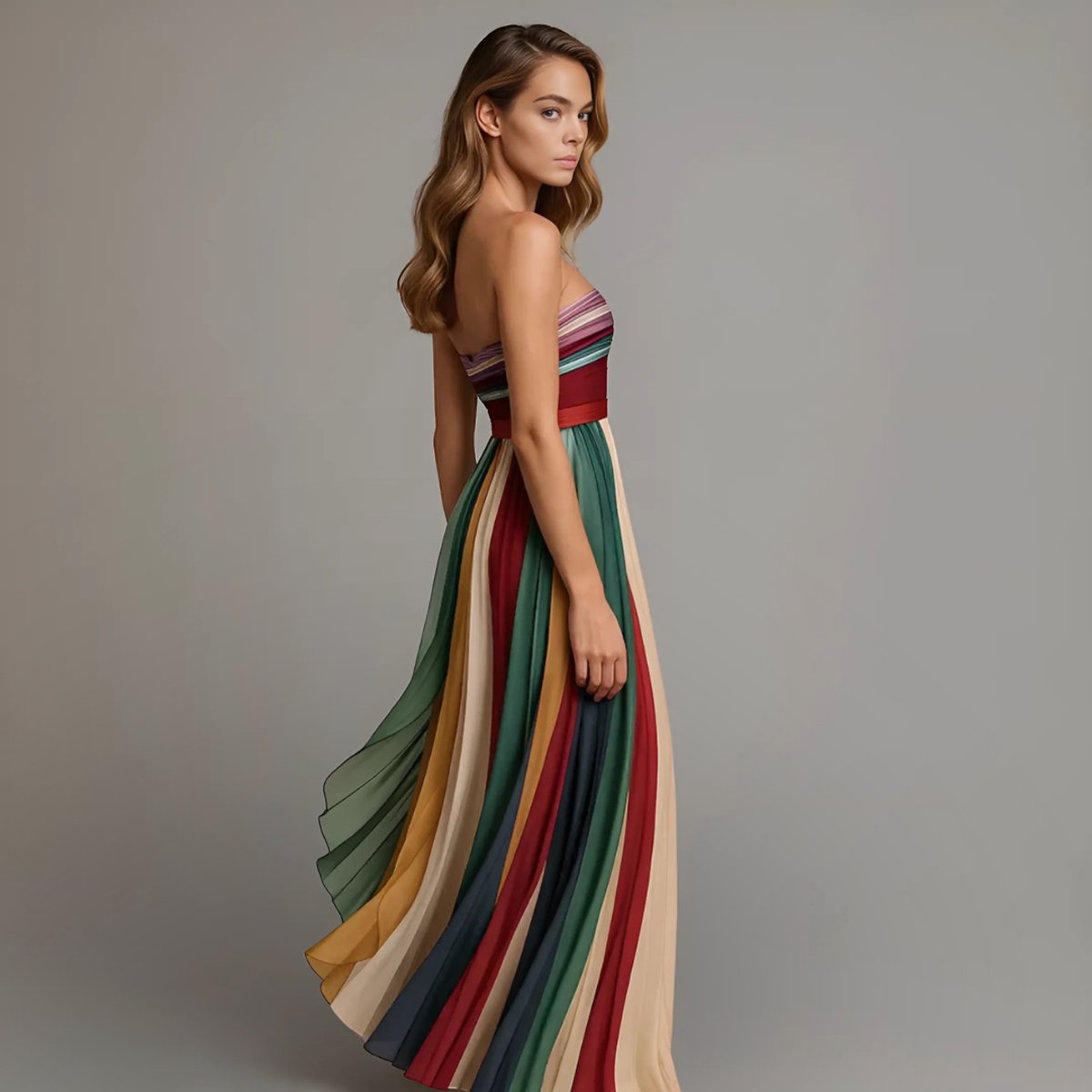 Women's Strapless Pleated Striped Maxi Long Sleeve Dress