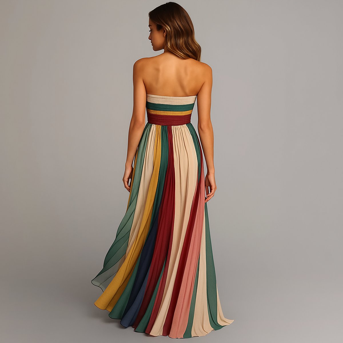 Women's Strapless Pleated Striped Maxi Long Sleeve Dress