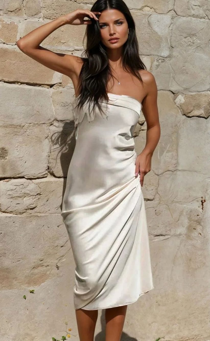 Women's Strapless Satin Midi Dress for Evening - Light Brown