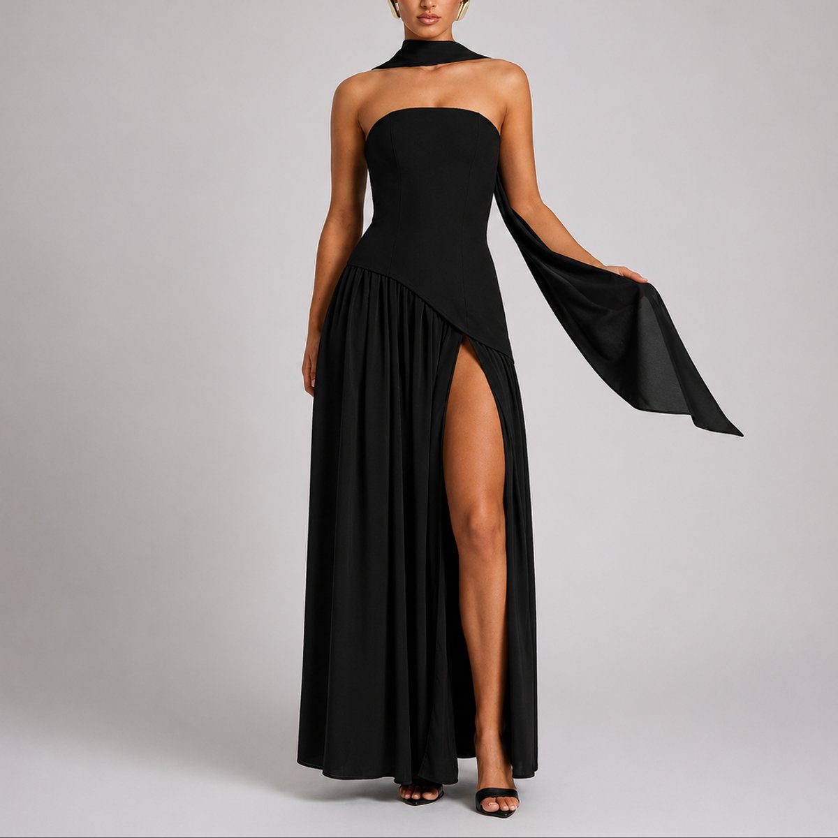 Women's Strapless Structured-Bodice Open-Back Scarf Maxi Dress - Black