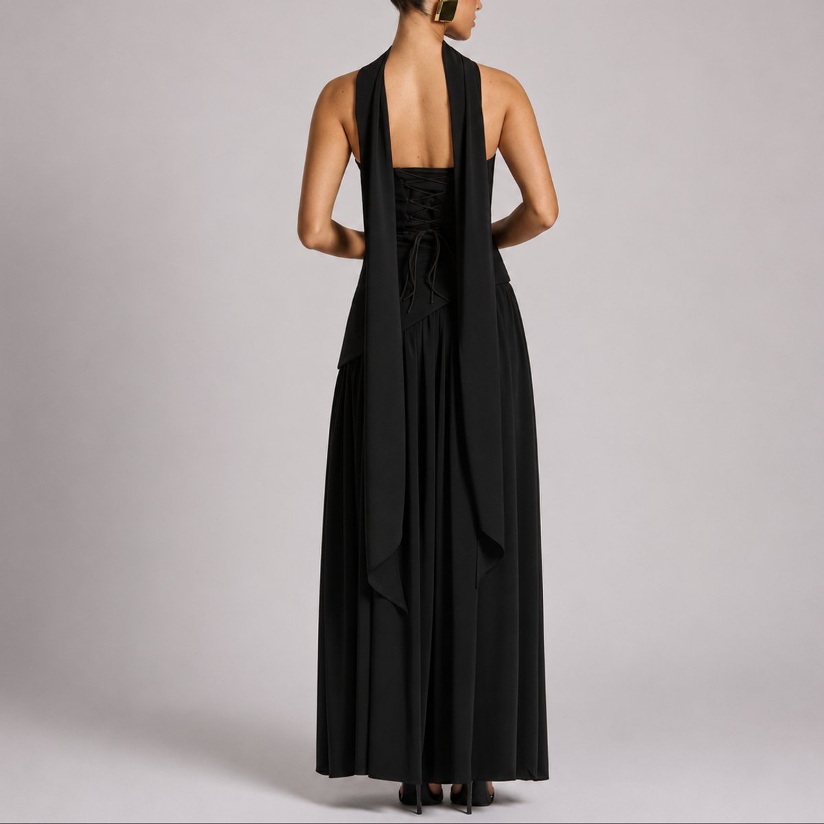 Women's Strapless Structured-Bodice Open-Back Scarf Maxi Dress