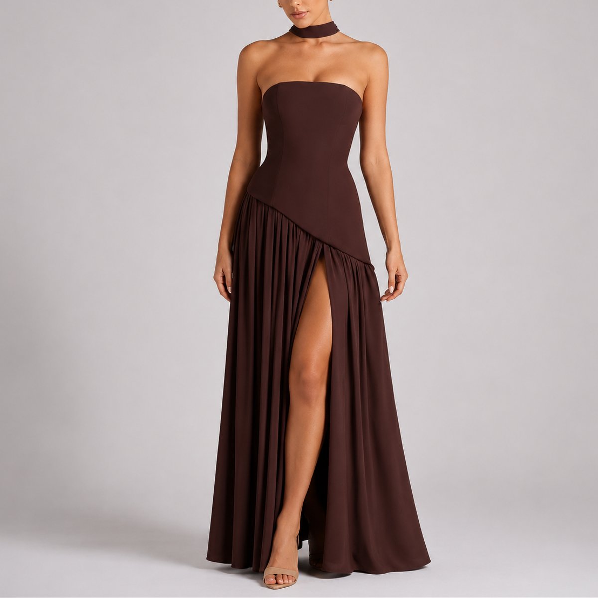 Women's Strapless Structured-Bodice Open-Back Scarf Maxi Dress - Brown