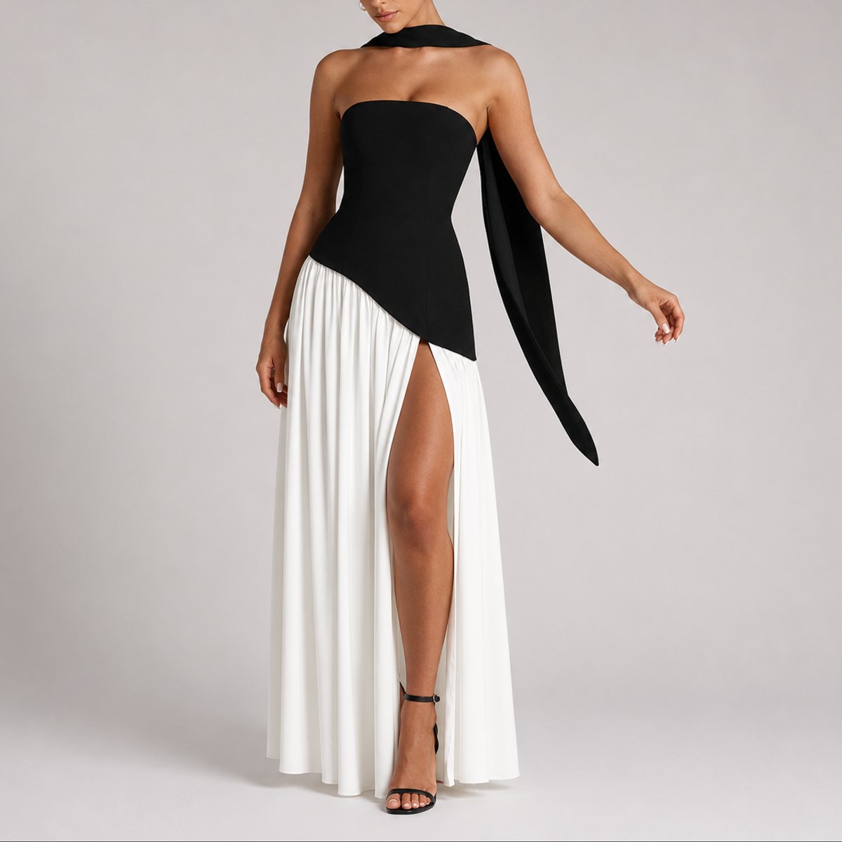 Women's Strapless Structured-Bodice Open-Back Scarf Maxi Dress - White