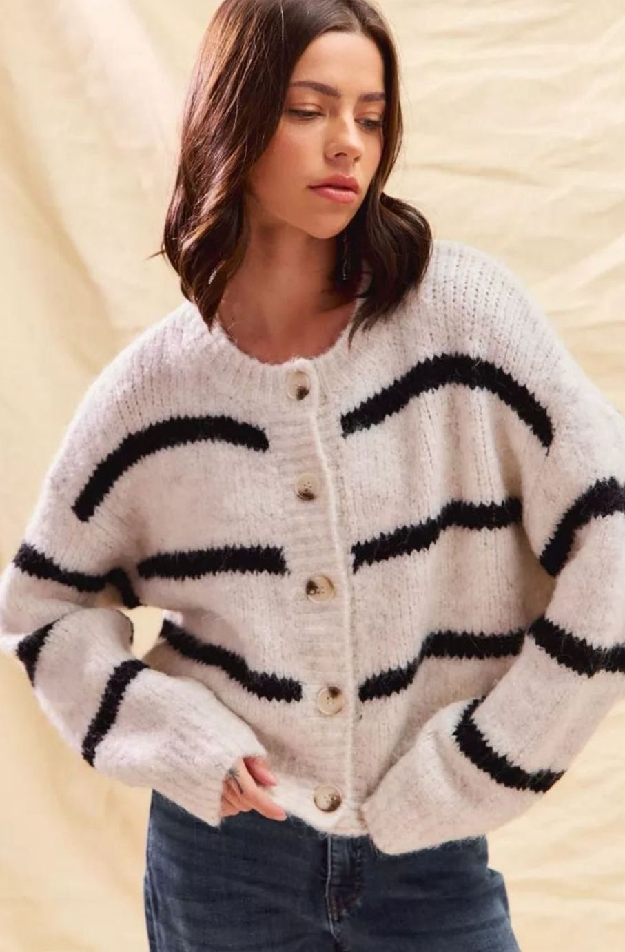 Women's Striped Button-Down Winter Cardigan Relaxed Crew Neck
