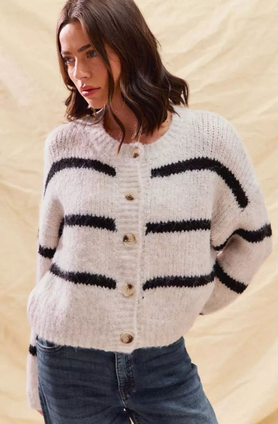 Women's Striped Button-Down Winter Cardigan Relaxed Crew Neck