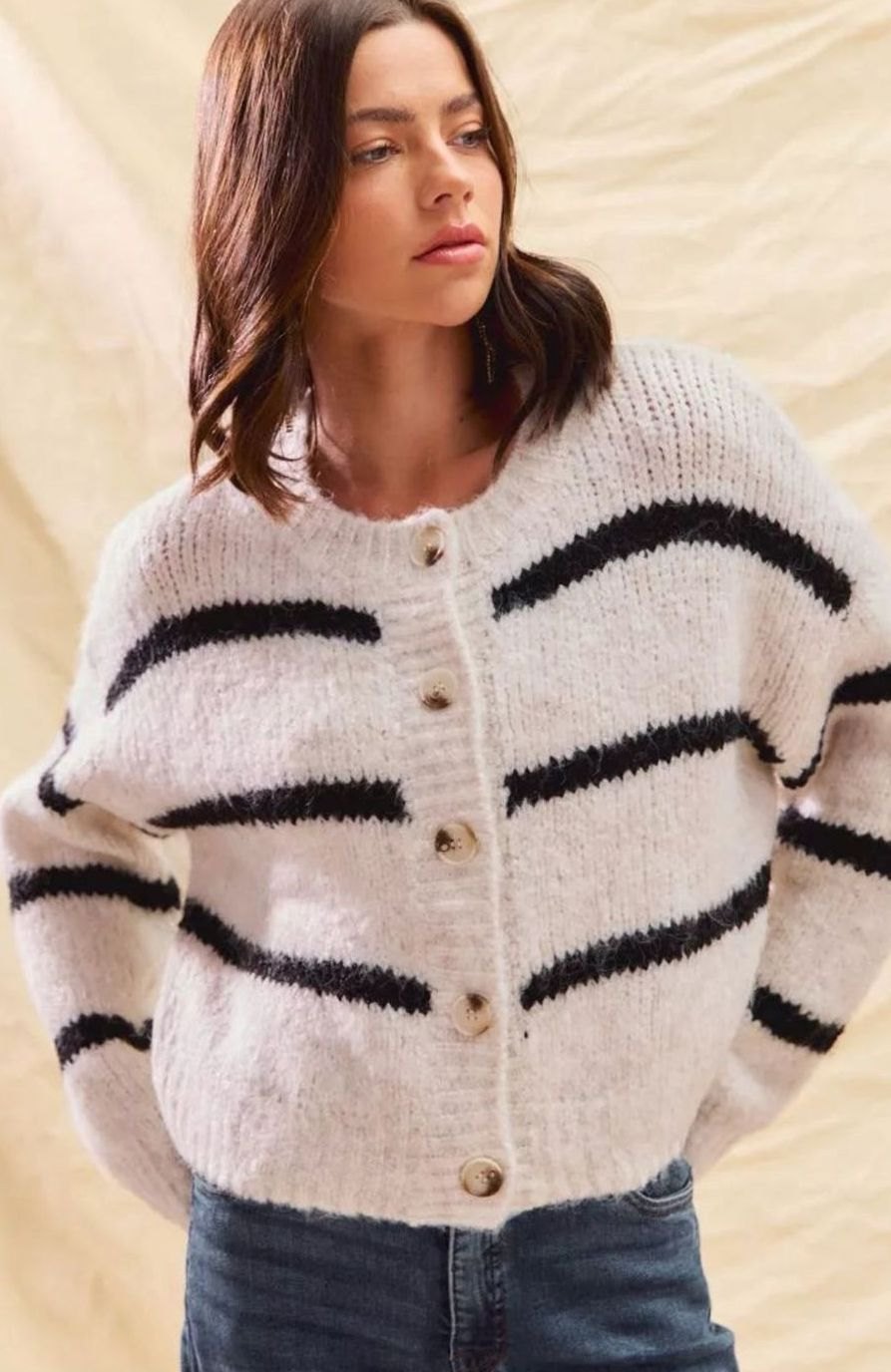 Women's Striped Button-Down Winter Cardigan Relaxed Crew Neck