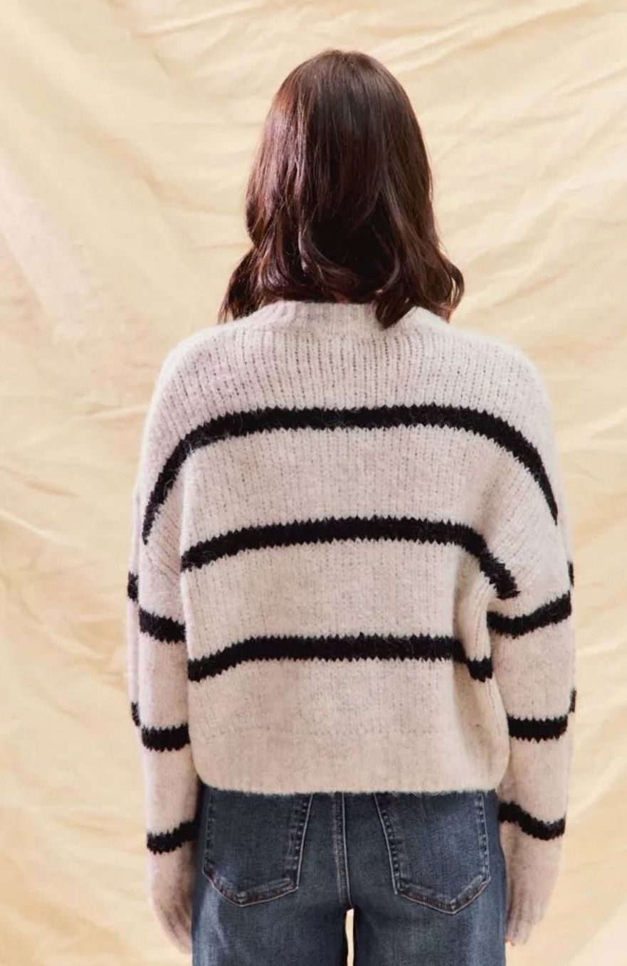 Women's Striped Button-Down Winter Cardigan Relaxed Crew Neck