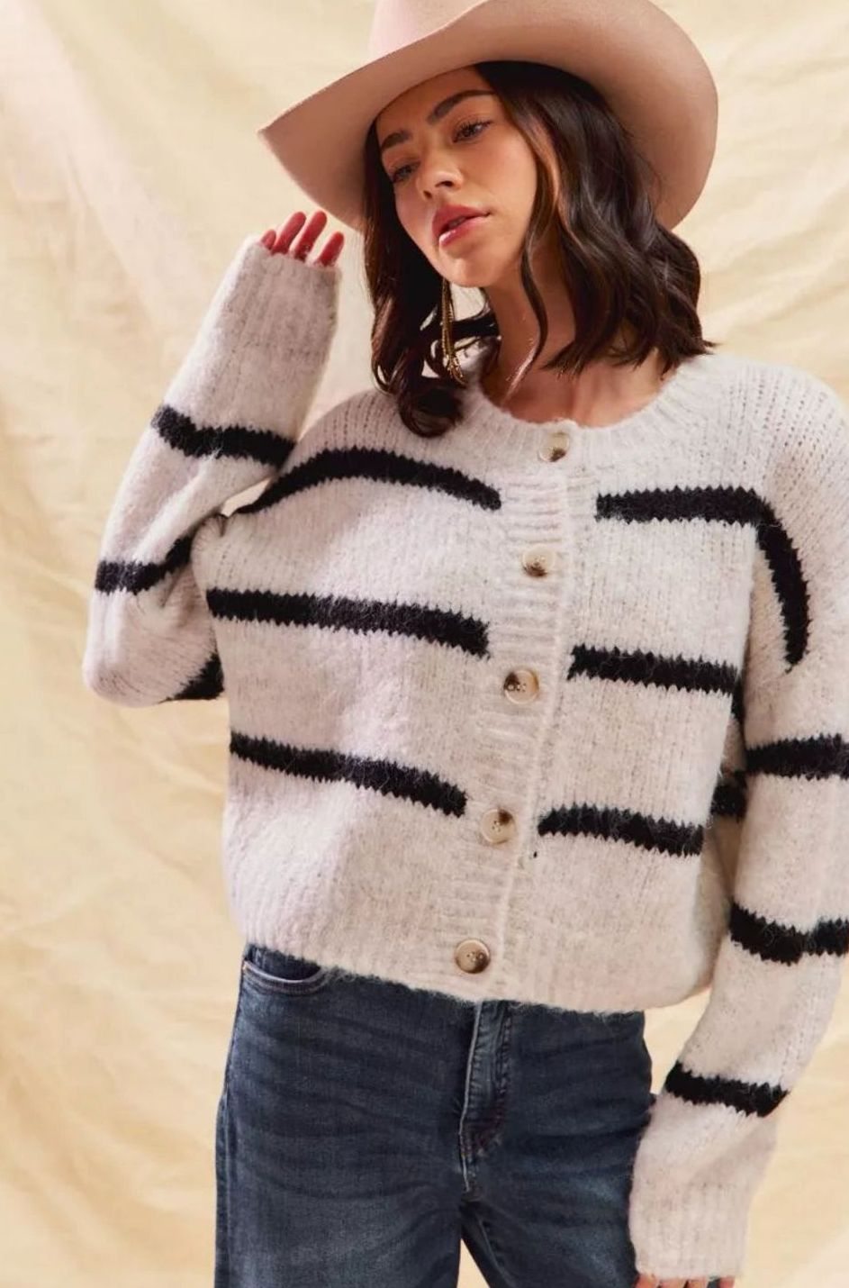 Women's Striped Button-Down Winter Cardigan Relaxed Crew Neck