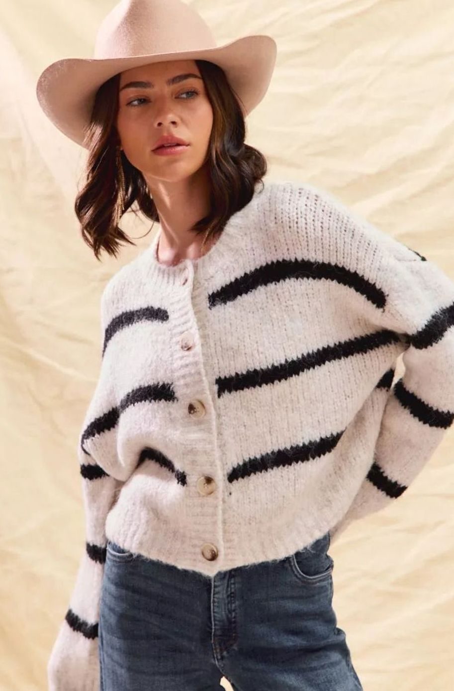 Women's Striped Button-Down Winter Cardigan Relaxed Crew Neck
