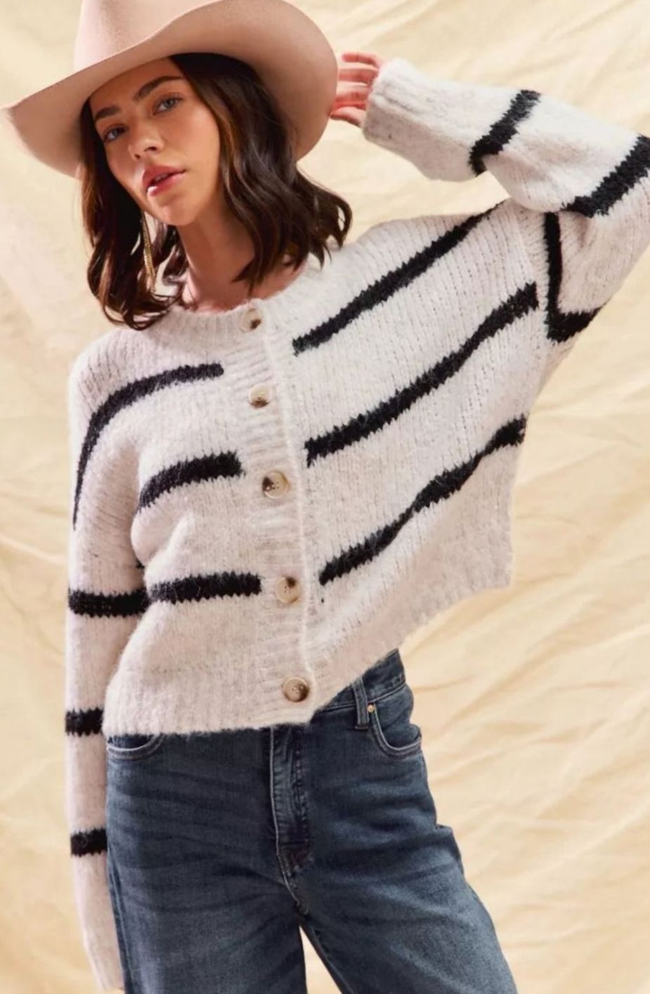Women's Striped Button-Down Winter Cardigan Relaxed Crew Neck