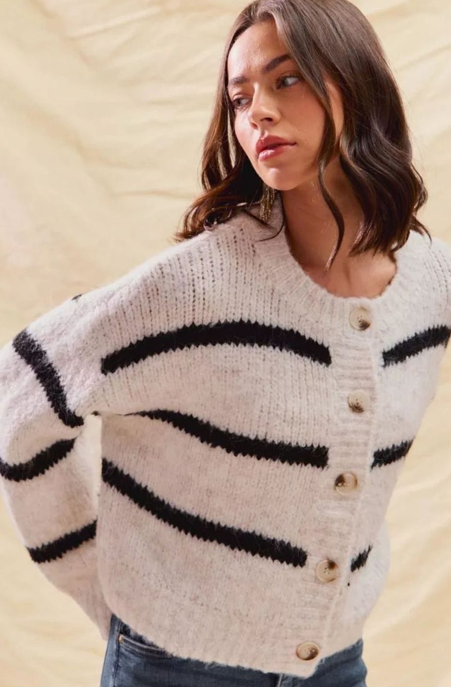 Women's Striped Button-Down Winter Cardigan Relaxed Crew Neck