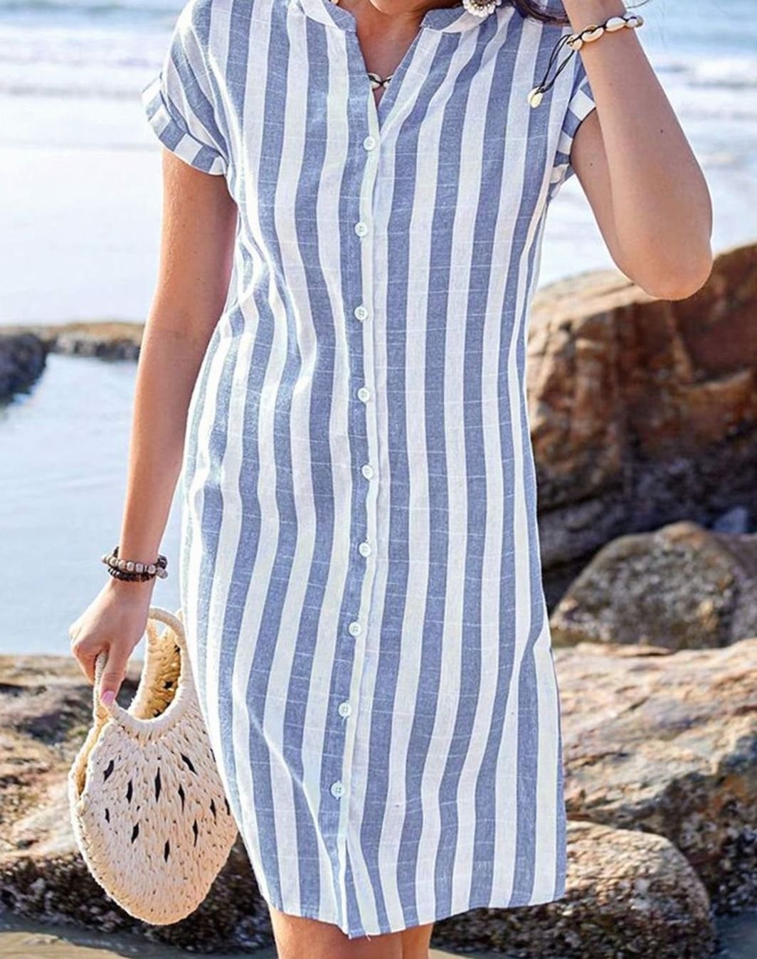 Women's Striped Button-Through Short Sleeve Midi Shirt Dress - Blue
