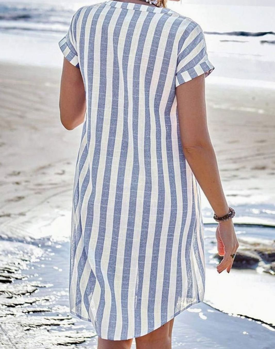 Women's Striped Button-Through Short Sleeve Midi Shirt Dress
