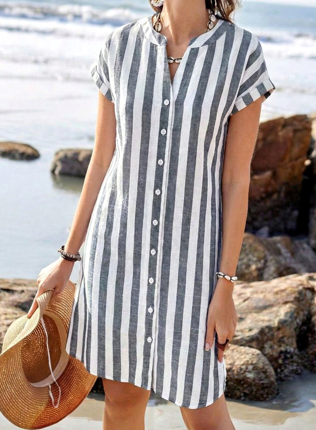Women's Striped Button-Through Short Sleeve Midi Shirt Dress - Black