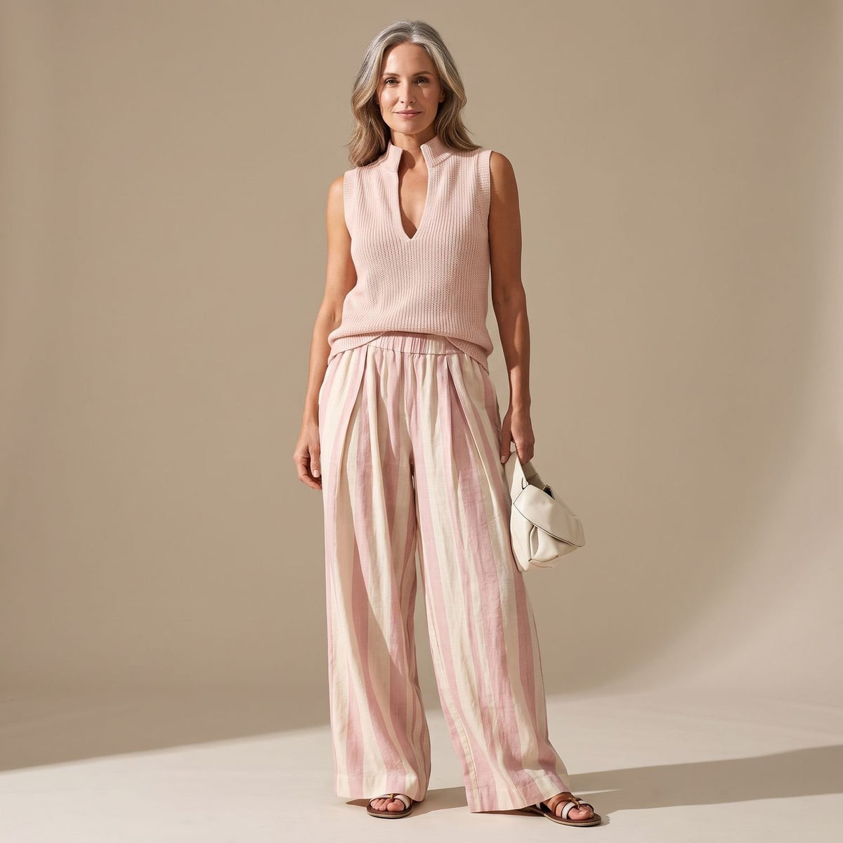 Women's Striped Co Ord Set Sleeveless Notch-Neck Top Wide-Leg Trousers - Pink