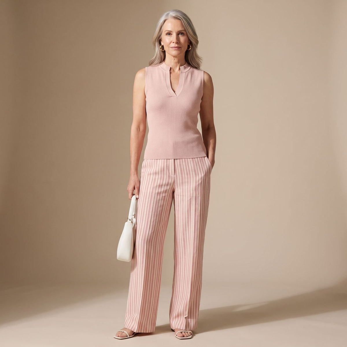 Women's Striped Co Ord Set Sleeveless Notch-Neck Top Wide-Leg Trousers