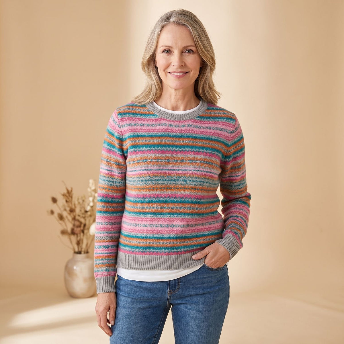 Women's Striped Knit Pullover Sweater Round Neck Long Sleeve
