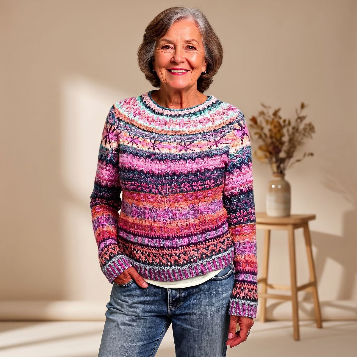 Women's Striped Knit Pullover Sweater Round Neck Long Sleeve