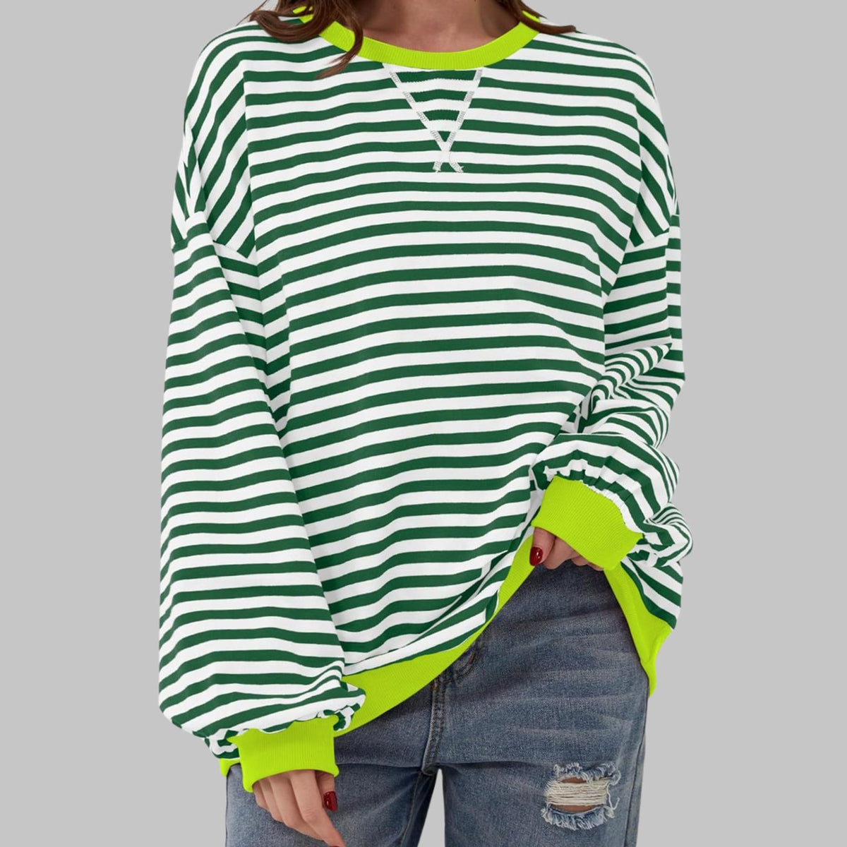 Women's Striped Oversized Crew Neck Long-Sleeve Sweatshirt - Dark Green