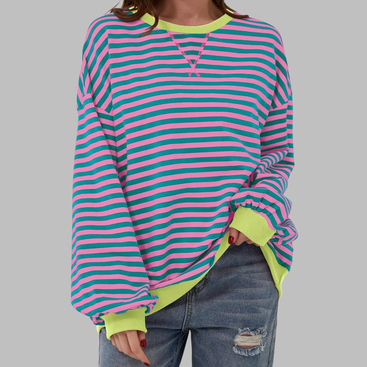Women's Striped Oversized Crew Neck Long-Sleeve Sweatshirt - Pink