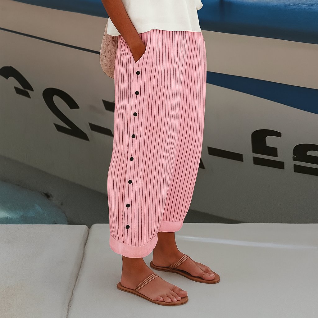 Women's Striped Straight-Leg Elastic-Waist Trousers Side Pockets - Pink