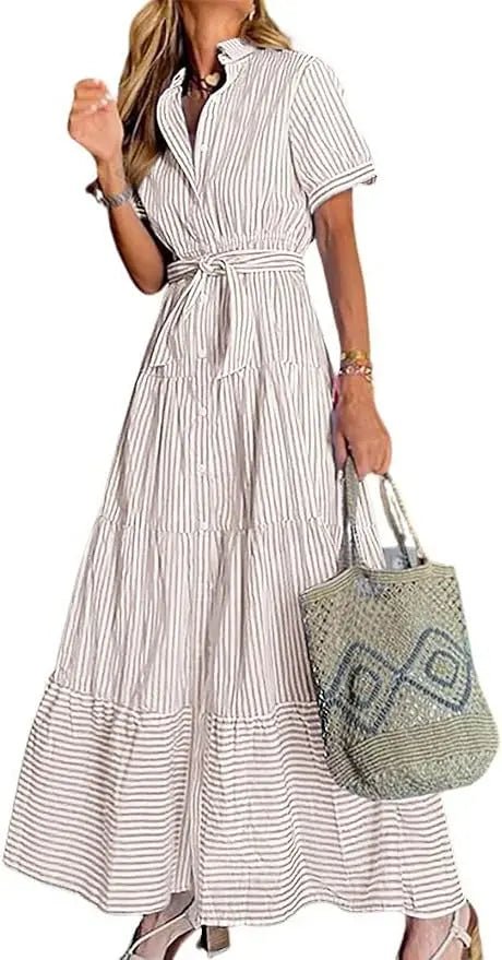 Women's Striped Tiered-Ruffle Tie-Waist Button-Down Maxi Shirt Dress - Khaki