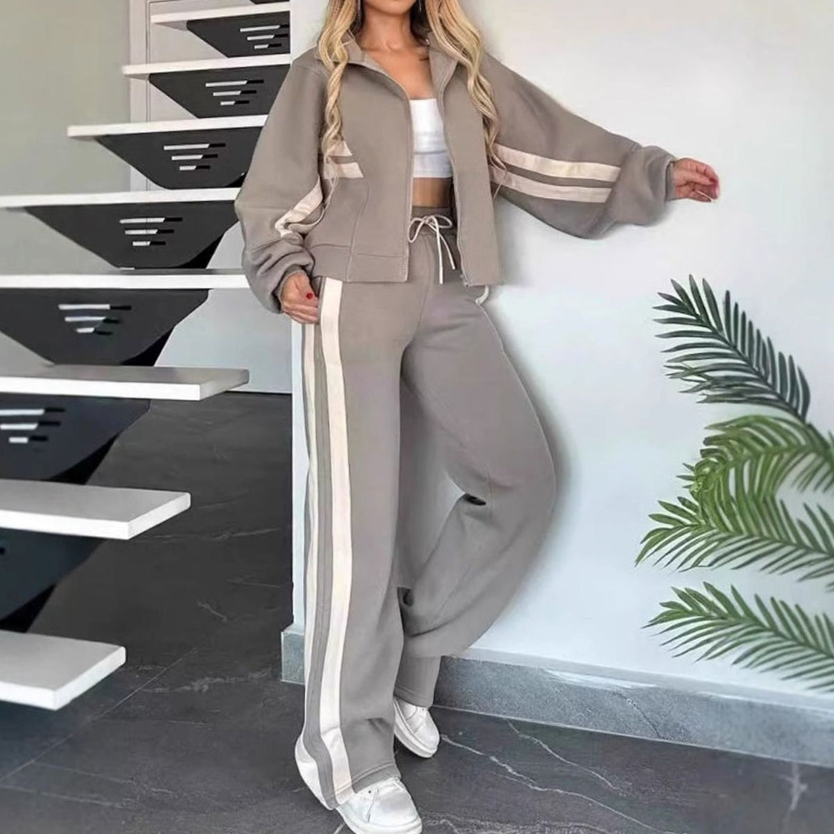 Women's Striped Two-Piece Zip-Up Crop Jacket Wide-Leg Jogger Set - Grey