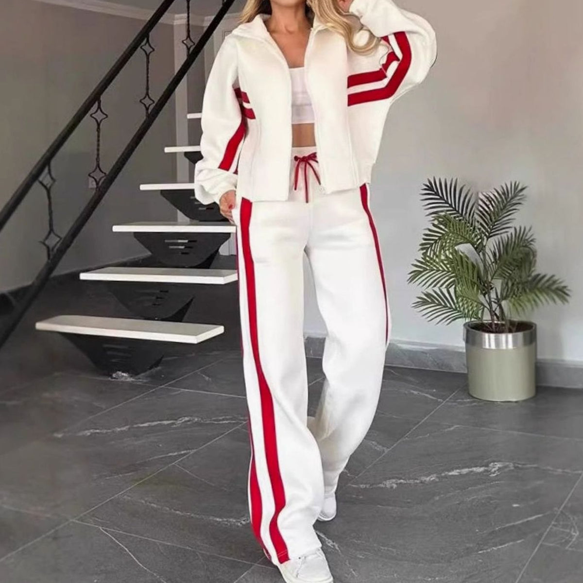 Women's Striped Two-Piece Zip-Up Crop Jacket Wide-Leg Jogger Set - White