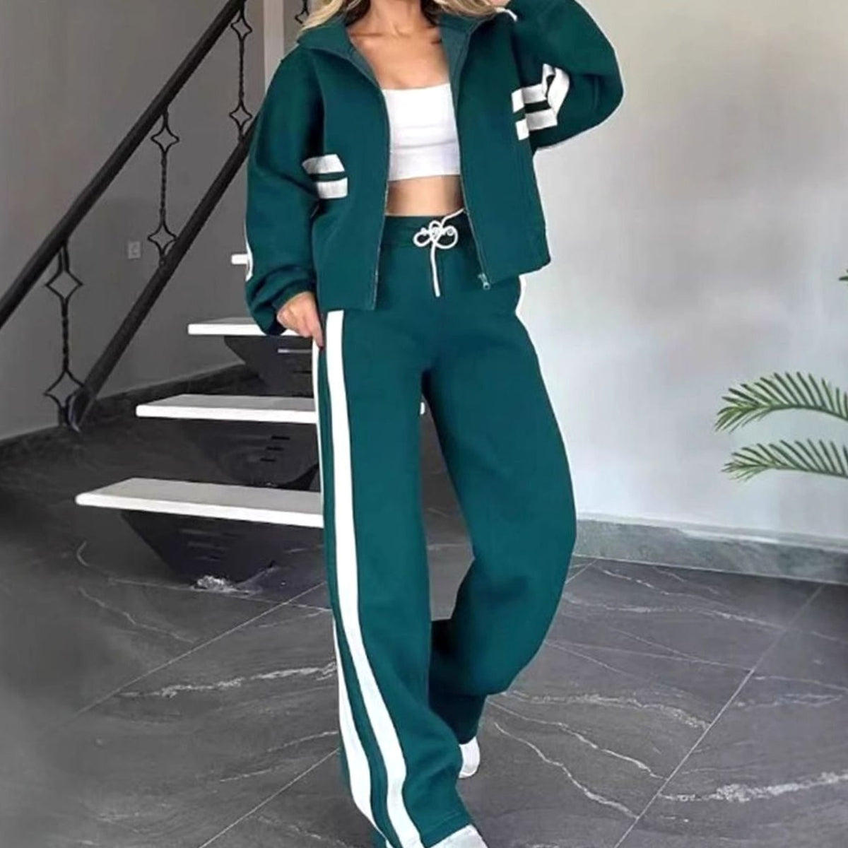 Women's Striped Two-Piece Zip-Up Crop Jacket Wide-Leg Jogger Set - Green