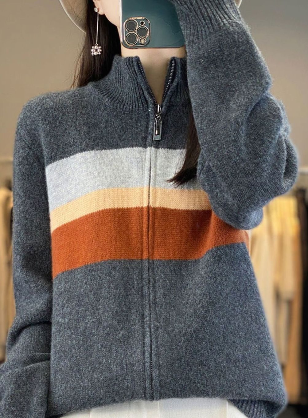 Women's Striped Zip-Up Oversized Knit Cardigan Jumper