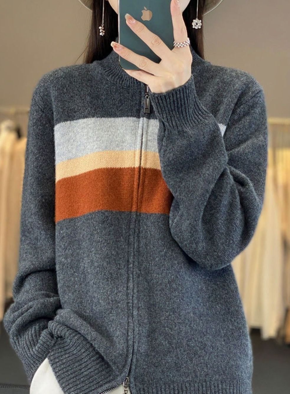 Women's Striped Zip-Up Oversized Knit Cardigan Jumper