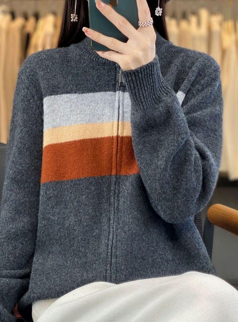 Women's Striped Zip-Up Oversized Knit Cardigan Jumper