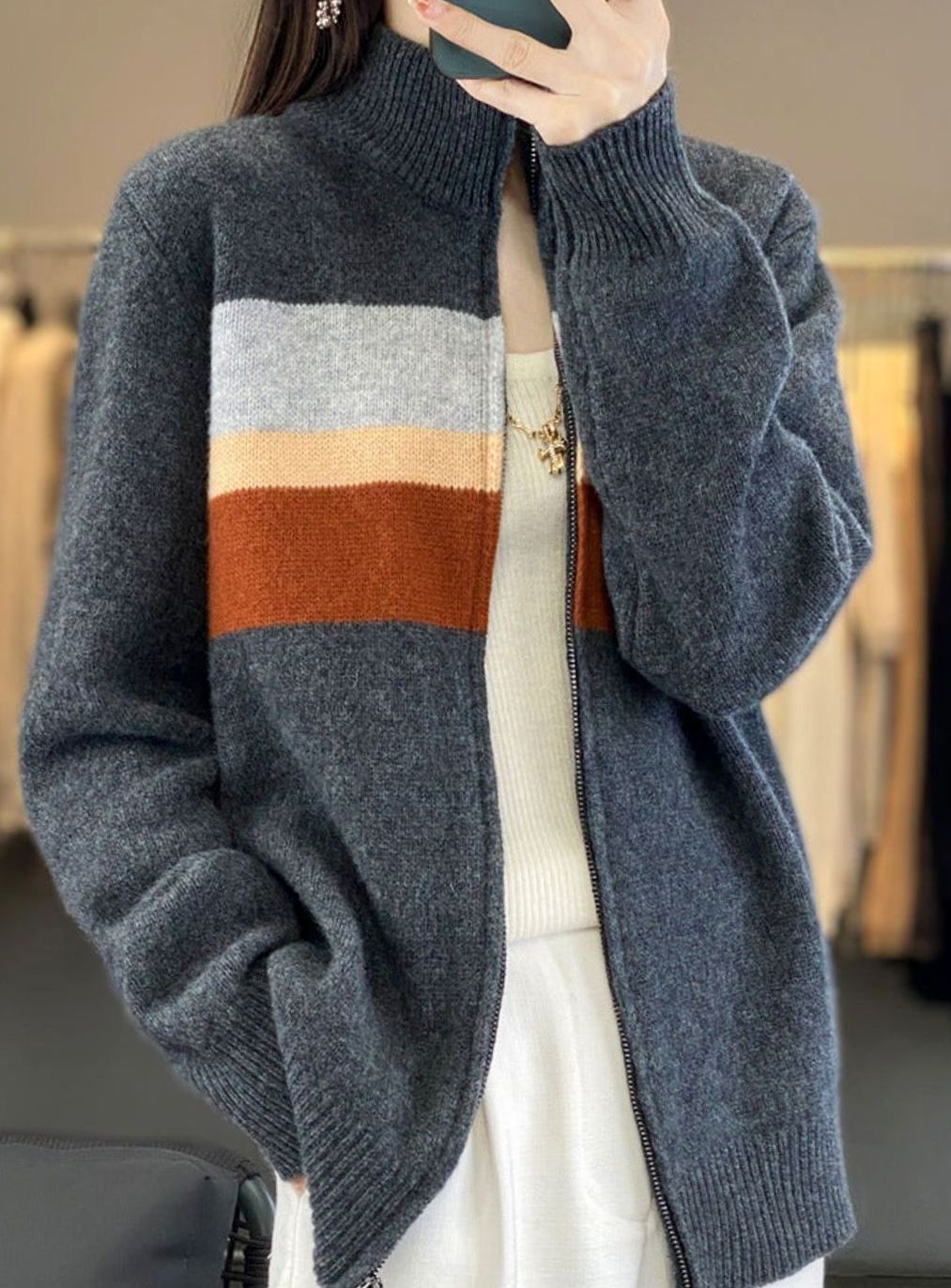 Women's Striped Zip-Up Oversized Knit Cardigan Jumper